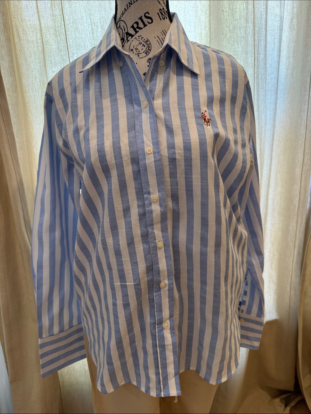 Polo  Blue and White Vertical Stripe Button-Down Shirt factory defected.